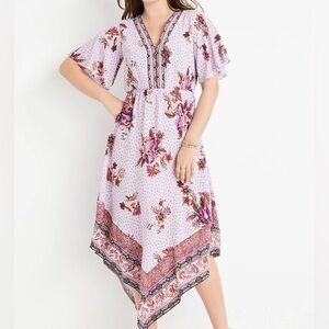 Purple Floral V Neck Midi Dress